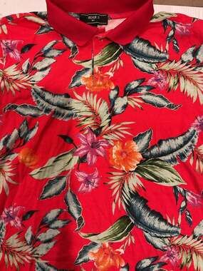 Forever 21 Men's Red Tropical Floral Print Short Sleeve Polo Shirt